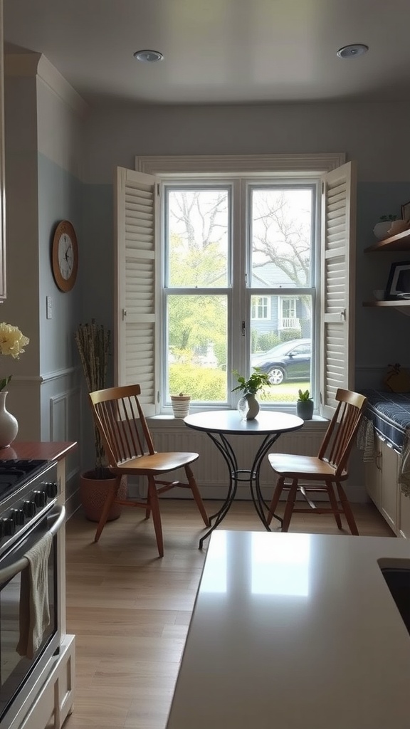 A cozy kitchen window nook with a small round table and two chairs, surrounded by plants.