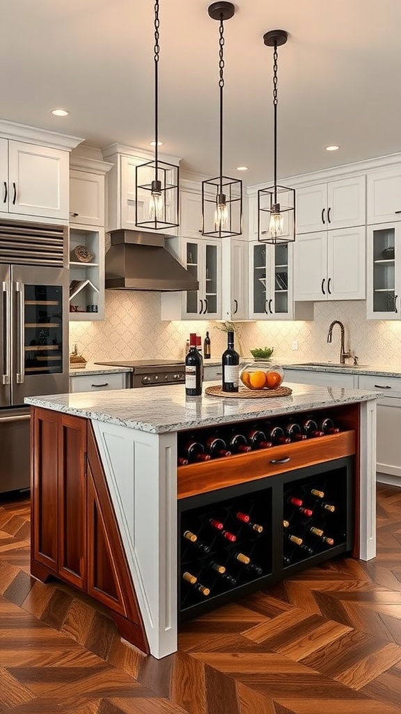 A kitchen island designed as a functional wine cellar with bottles neatly stored below a granite countertop.