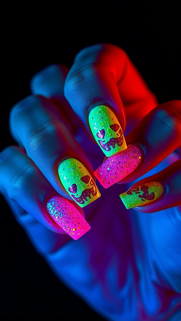 Funky neon glitter nails with colorful designs and sparkles