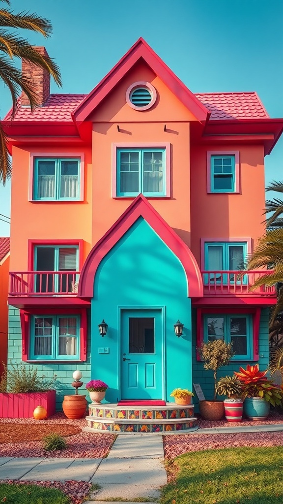 A colorful retro house with pink and blue exterior and vibrant garden.