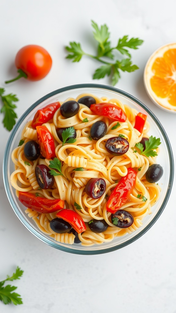 Colorful fusilli salad with roasted red peppers and olives