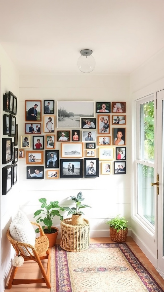 A cozy sunroom featuring a gallery wall of family photos with green plants and a comfortable chair.