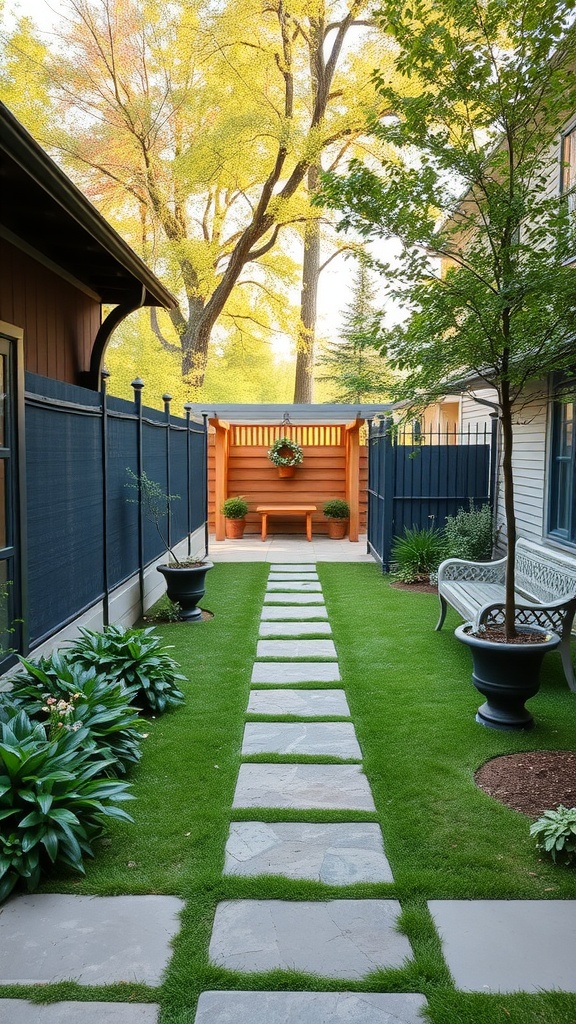 A serene garden pathway lined with stone pavers and lush greenery leading to a cozy seating area.