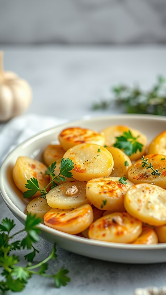 Garlic and herb infused scalloped potatoes served in a dish, garnished with fresh herbs.