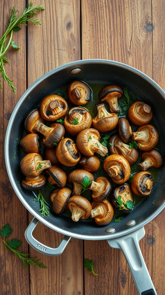 A skillet filled with sautéed mushrooms in garlic butter garnished with parsley.