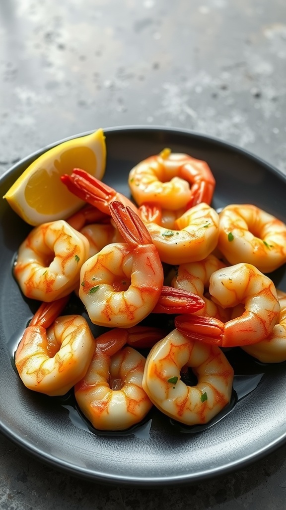 A plate of garlic butter shrimp garnished with parsley and lemon.
