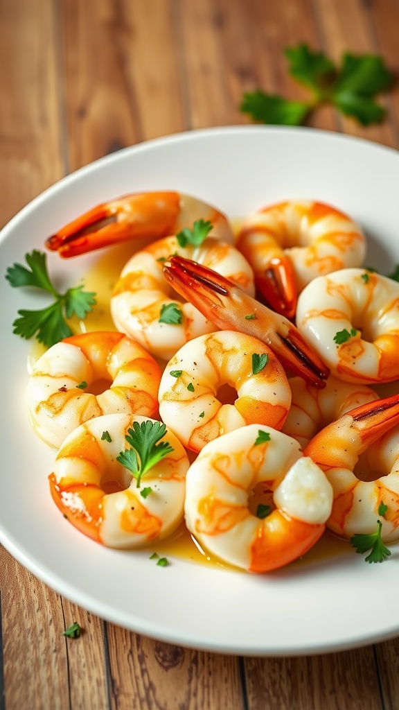 A plate of garlic butter shrimp garnished with parsley.