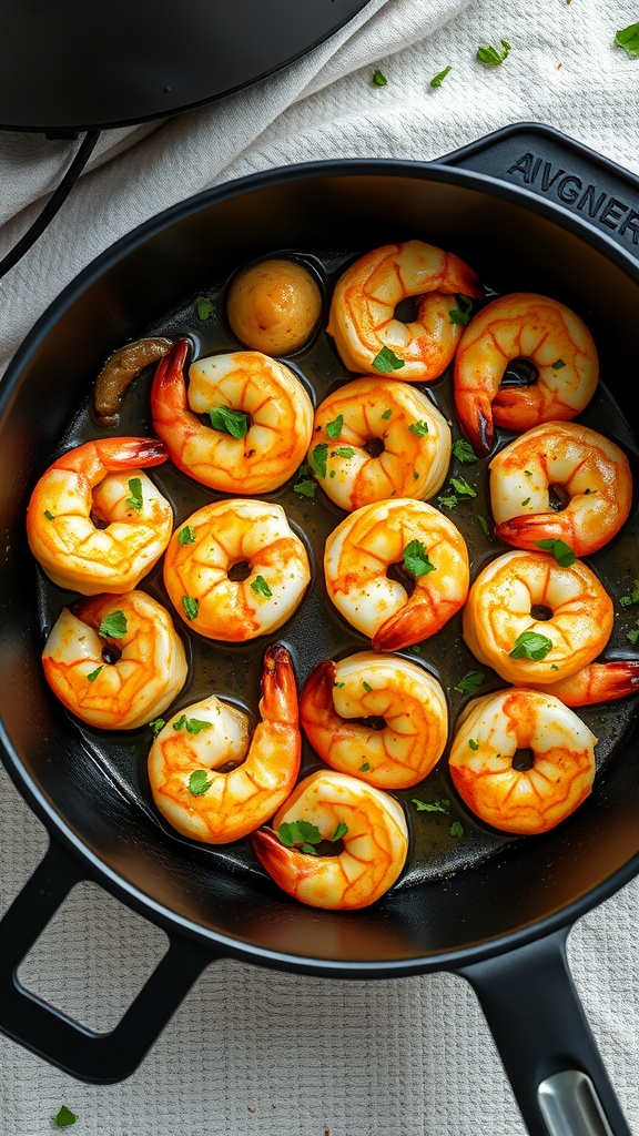 A dish of garlic butter shrimp cooked in an air fryer, garnished with parsley.