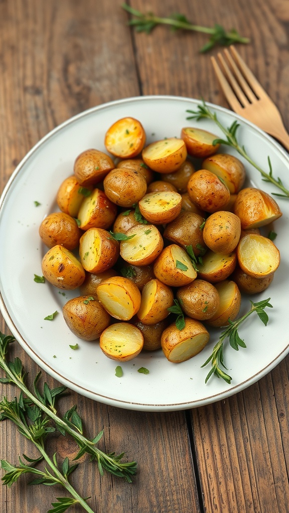 A plate of garlic herb roasted mini potatoes garnished with parsley.