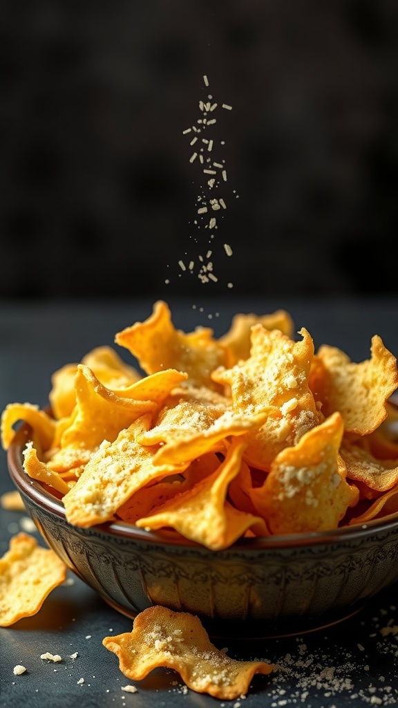 A bowl filled with crispy garlic parmesan cheese crisps.