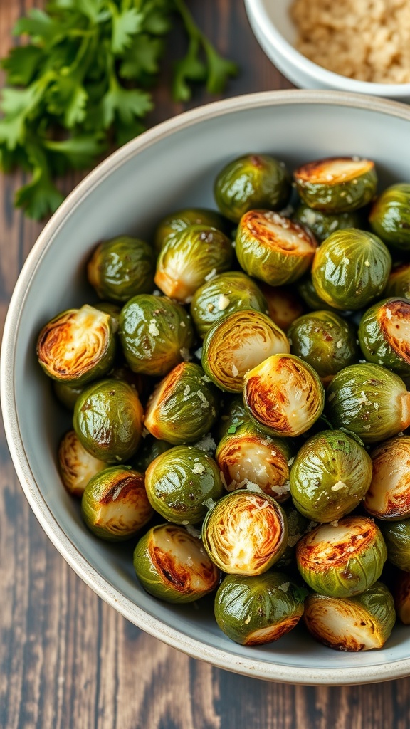 A bowl of garlic parmesan roasted Brussels sprouts