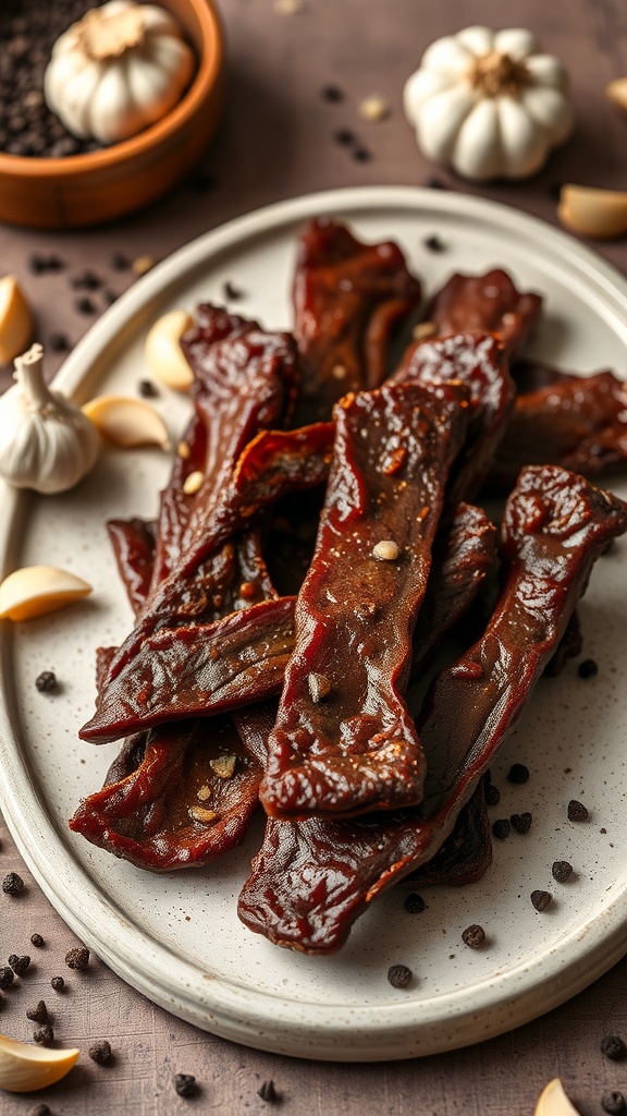 A plate of garlic pepper beef jerky, showcasing deep red strips of dried beef seasoned with garlic and pepper.