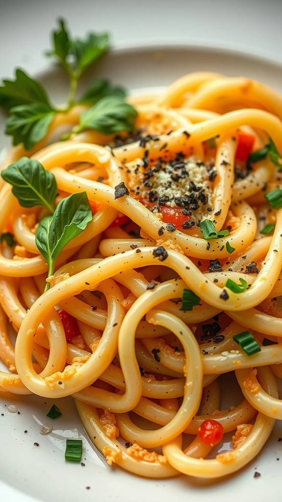 A plate of pasta carbonara garnished with herbs and cheese