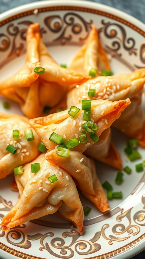 Deliciously garnished crab rangoon with green onions and sesame seeds.
