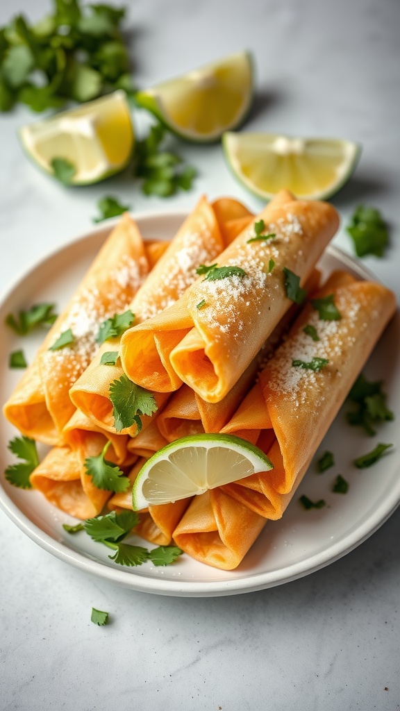 A plate of chicken taquitos garnished with fresh cilantro and lime wedges.