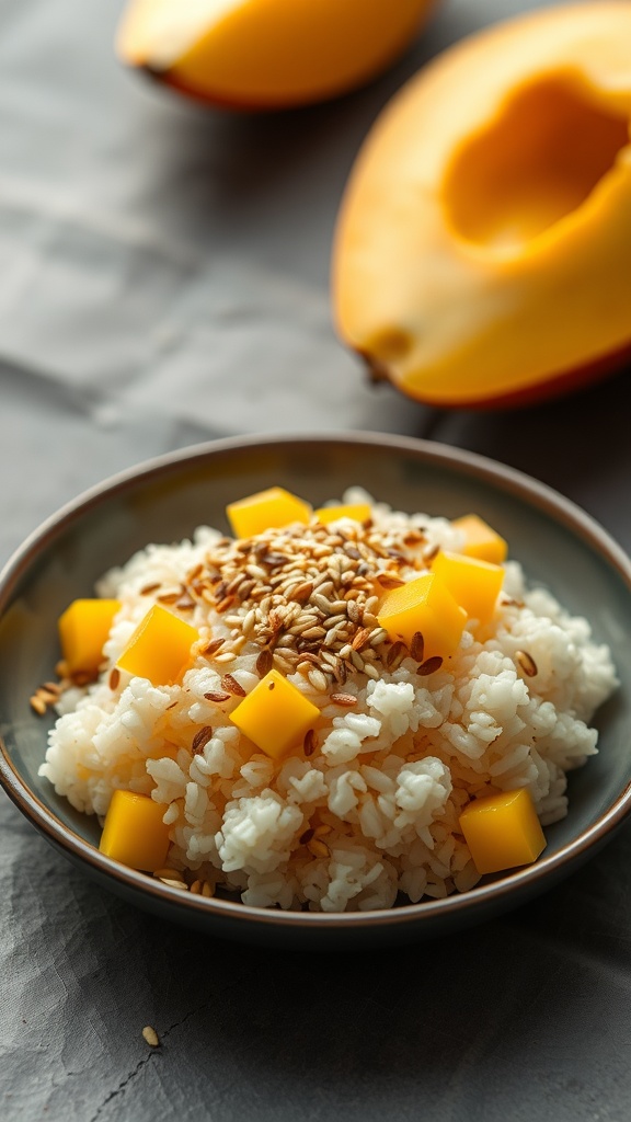 Mango sticky rice with toasted sesame seeds garnished on top.