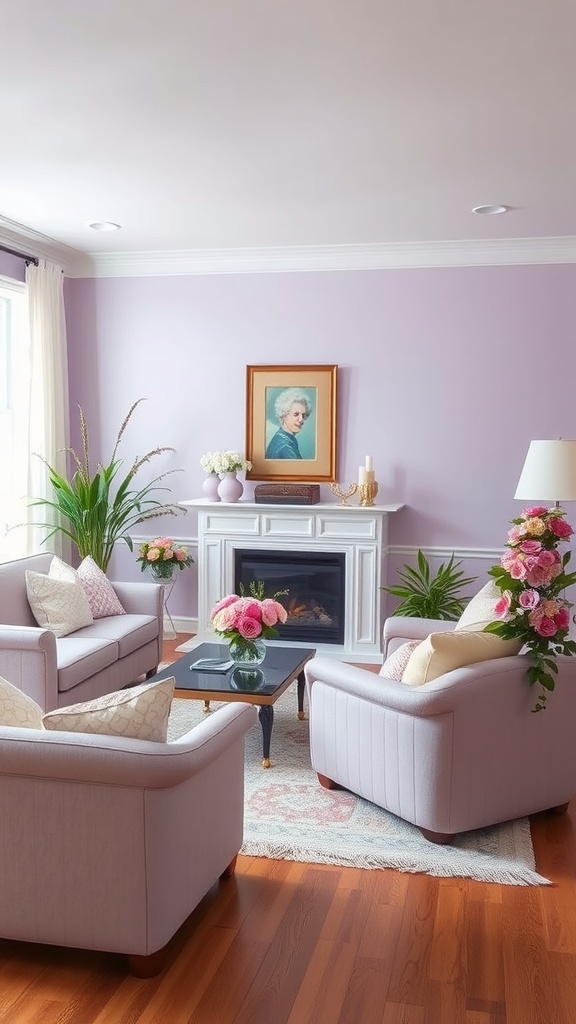 Living room with gentle lavender walls, cozy seating, and floral decorations.