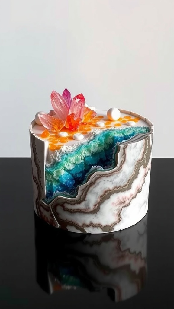 A beautiful geode-inspired cake featuring colorful edible crystals and floral decorations.