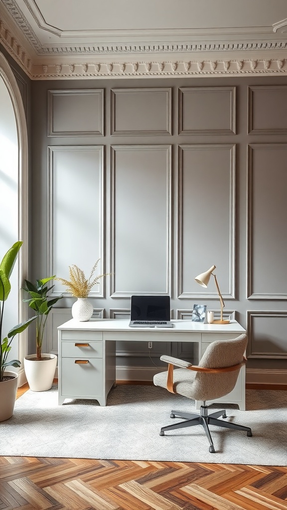 A stylish office space featuring geometric wall moulding patterns.