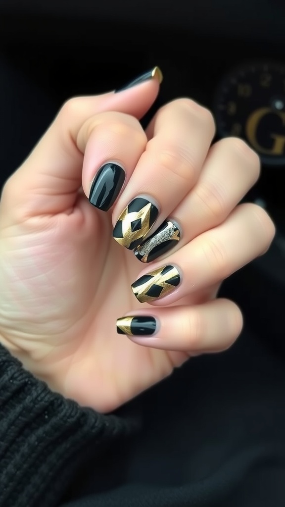 Close-up of short nails featuring geometric patterns in black and gold.