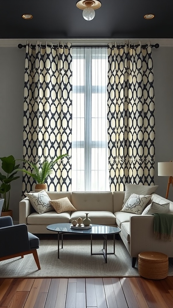 Living room with geometric print curtains and modern furniture