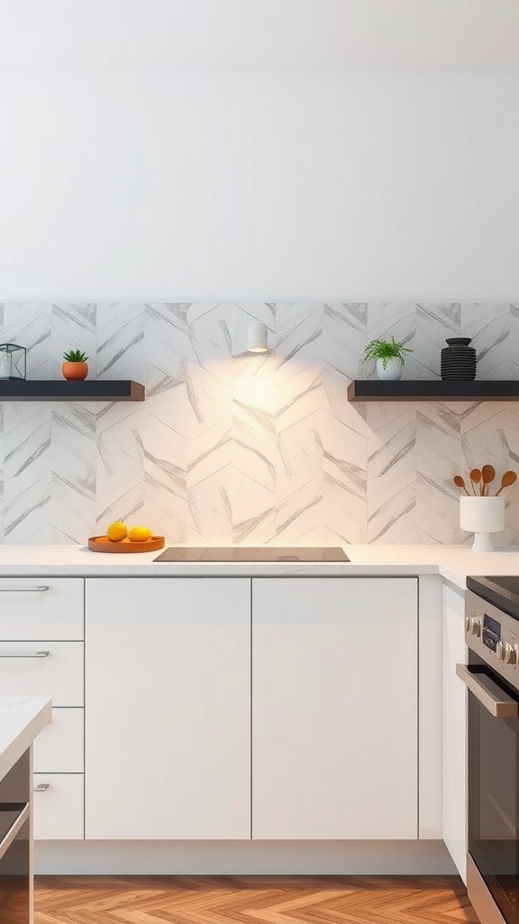 A modern kitchen with a geometric tile backsplash featuring white cabinets and wooden flooring.