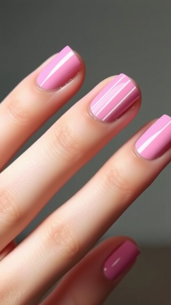 Nails painted with pink polish and geometric white lines