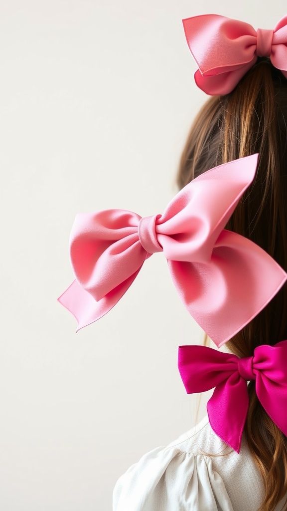 Close-up of hair styled with large pink bows