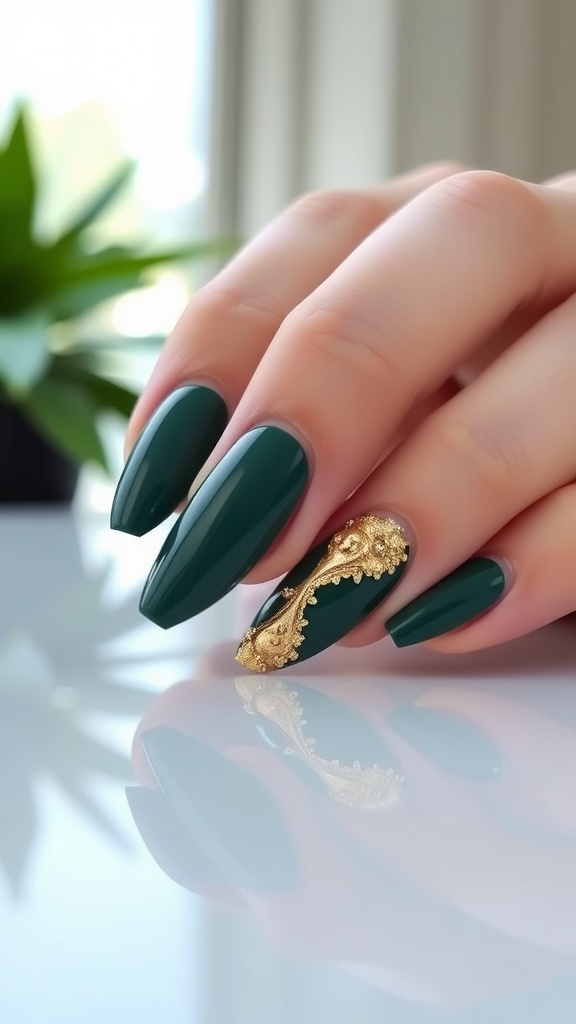 A close-up of a hand with green nails featuring a gold gilded half-moon design.