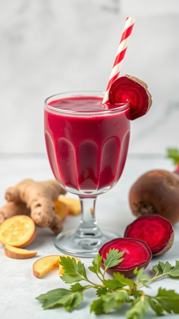 A refreshing Ginger Beet Revitalizer smoothie in a glass, garnished with a slice of beet and a straw.