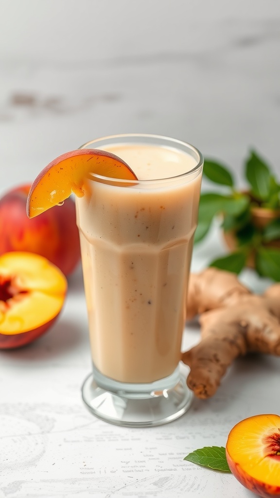 A refreshing ginger peach protein smoothie in a glass with a peach slice on the rim.