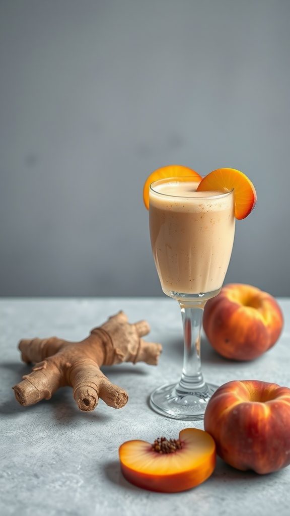 A refreshing Ginger Peach Smoothie in a glass, garnished with peach slices and surrounded by fresh peaches and ginger.