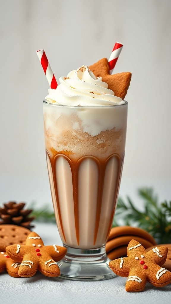 A delicious gingerbread shake topped with whipped cream and gingerbread cookies.