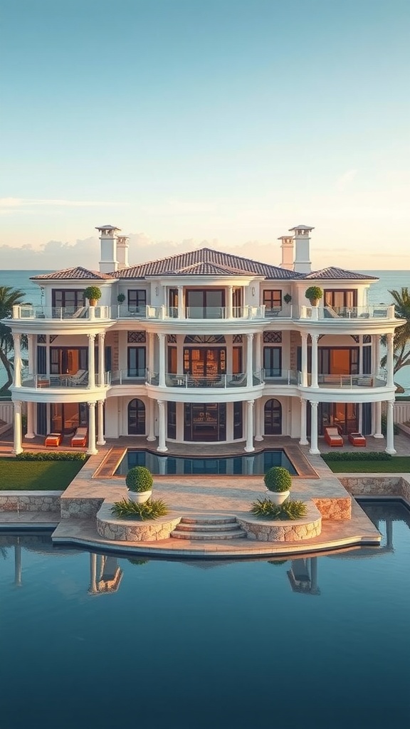 A luxurious coastal mansion with grand architecture, surrounded by a serene pool and palm trees.