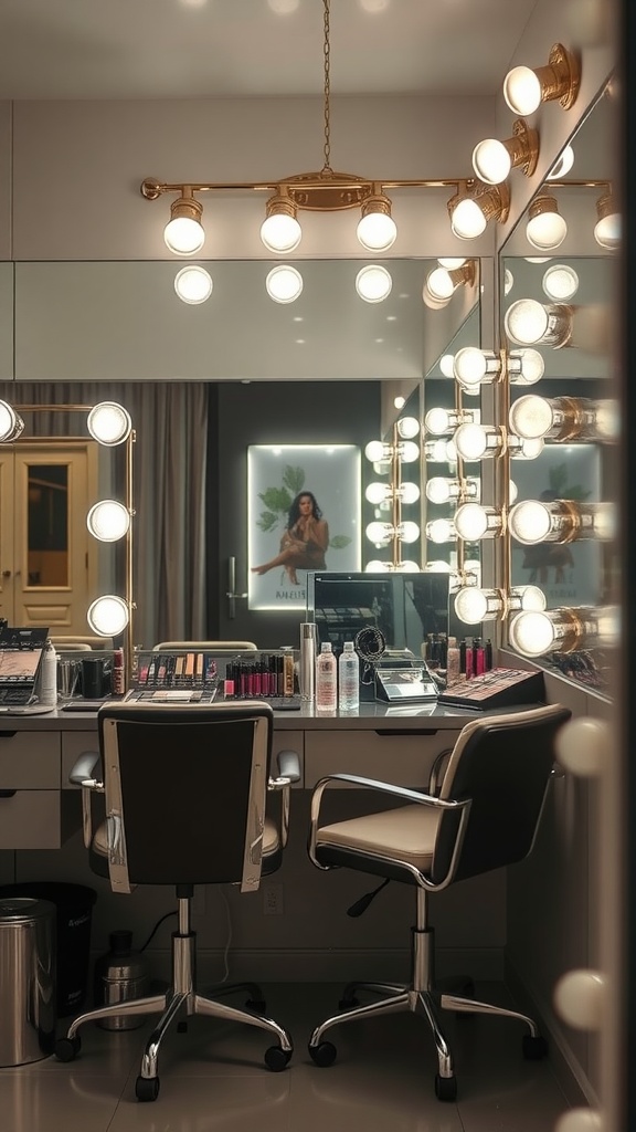 A chic makeup station with bright lights, a large mirror, and makeup products displayed.