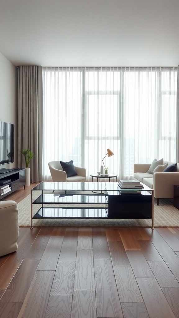 A modern living room featuring a glass and metal TV stand with a TV, decorative items, and cozy seating.