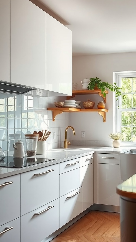 Modern kitchen featuring a glass backsplash and bright decor