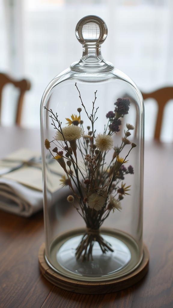 A glass cloche containing dried flowers and twigs on a wooden table.