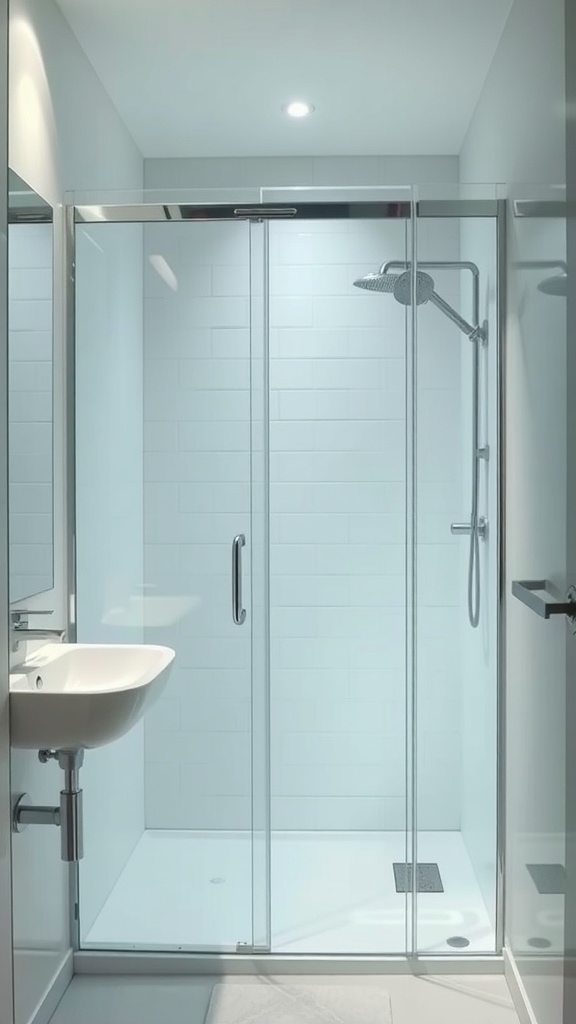 A modern bathroom featuring a glass shower door with a sleek design.