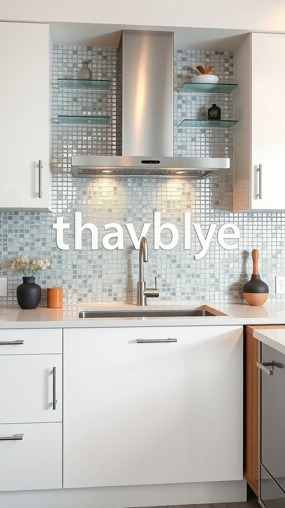 A modern kitchen featuring a glass tile backsplash with a shimmering effect.