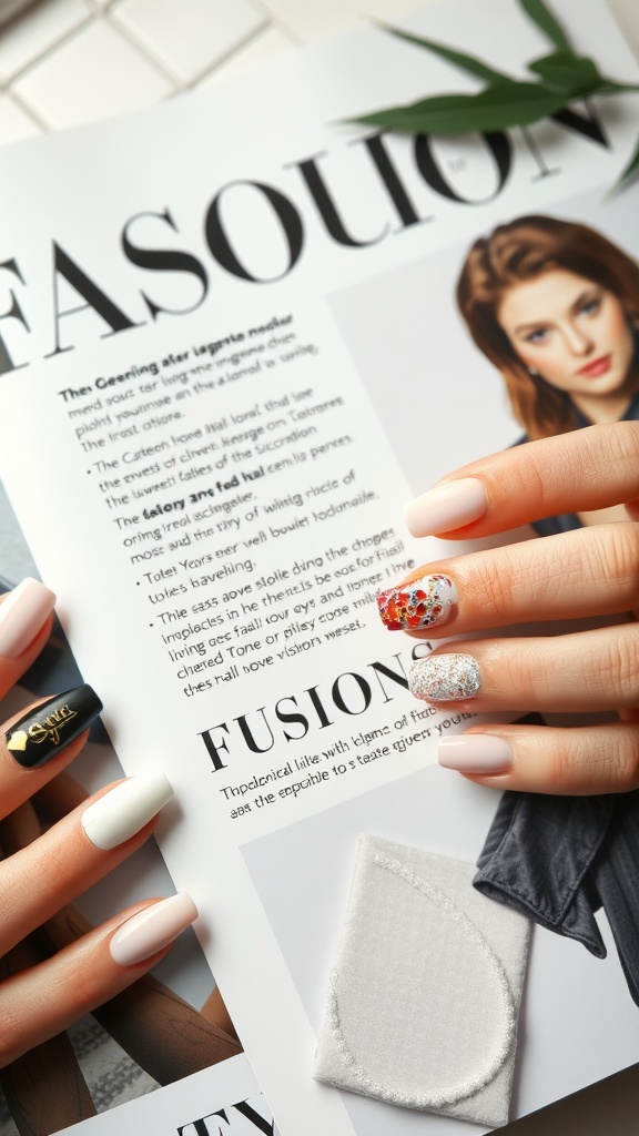 Close-up of hands with glitter and matte nails on a magazine