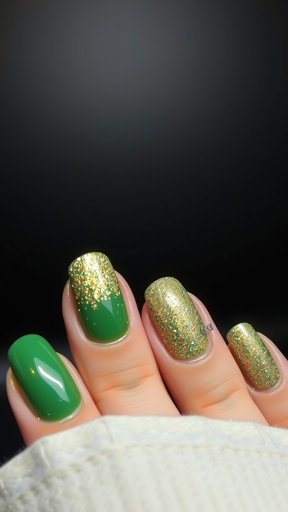 A close-up of nails featuring a glitter gradient overlay with green and gold colors.
