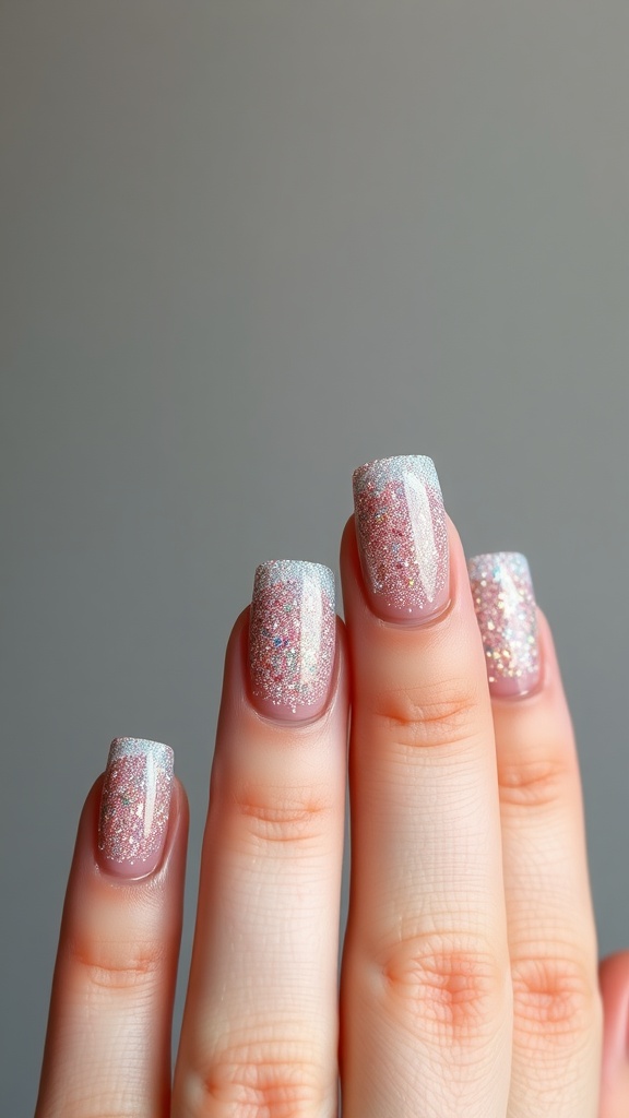 Close-up of glitter gradient square nails featuring a mix of pink and blue glitter.