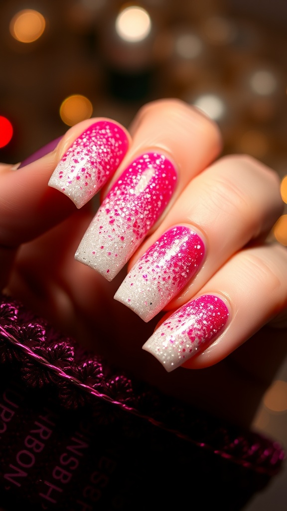 Nails featuring a glitter ombre effect with pink and white colors.