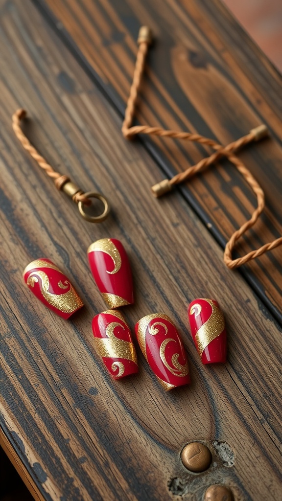Nail design featuring deep red polish with glittering gold swirls on a wooden surface.
