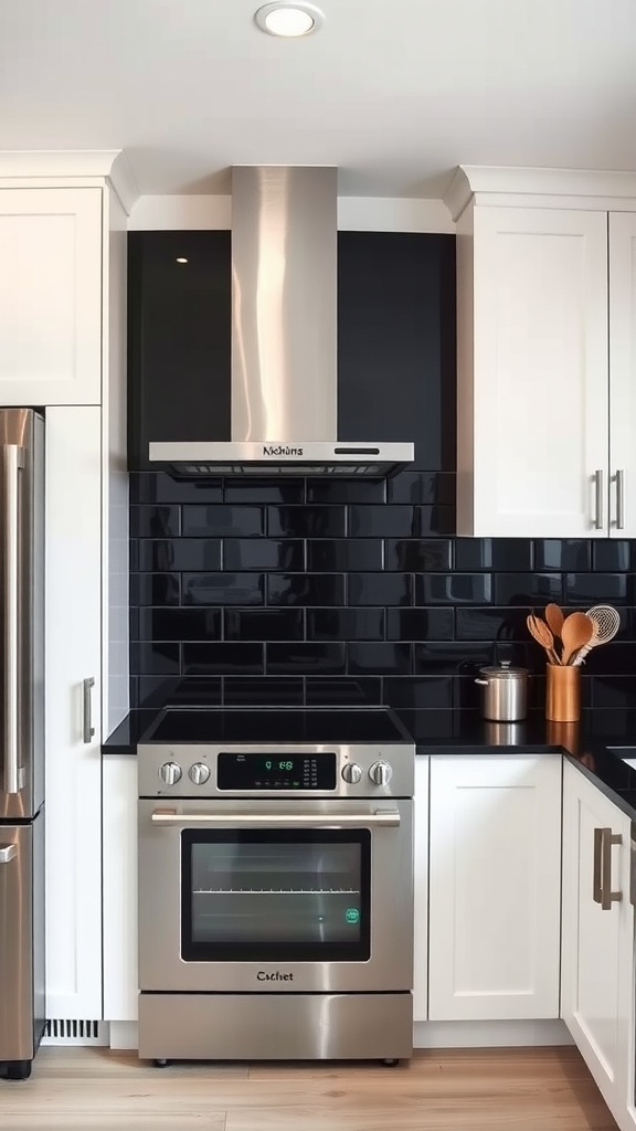 A modern kitchen featuring a glossy black backsplash with white cabinets and stainless steel appliances.