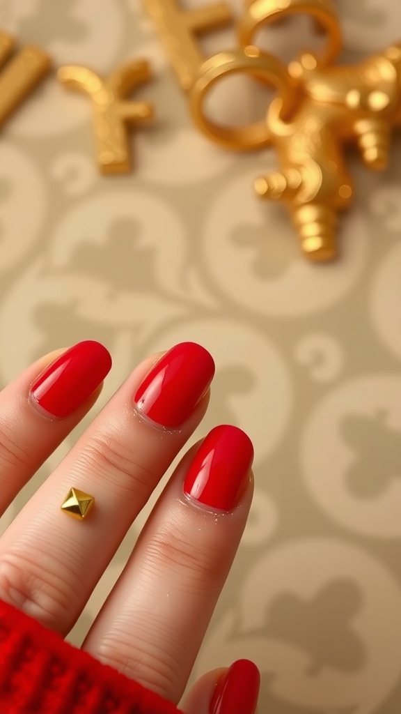 Glossy red nails with gold studs on a hand