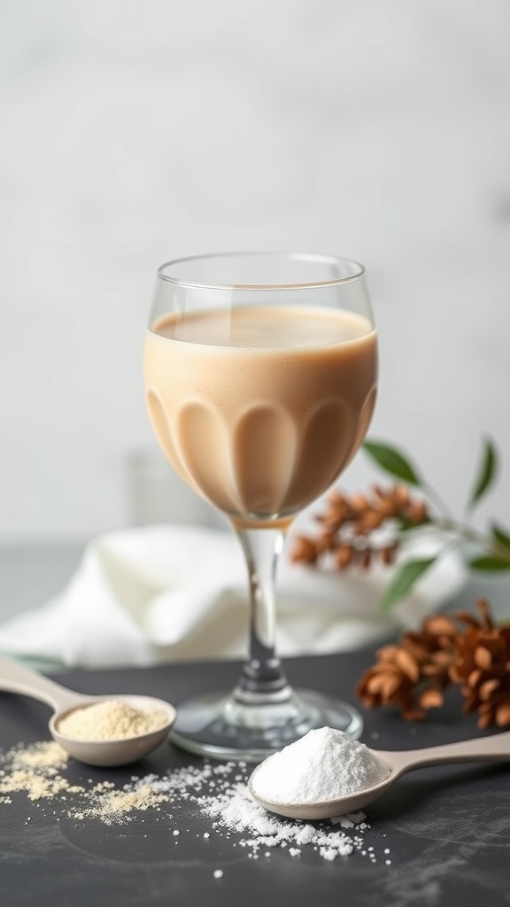 A creamy collagen smoothie in a glass, surrounded by measuring spoons with powdered ingredients.