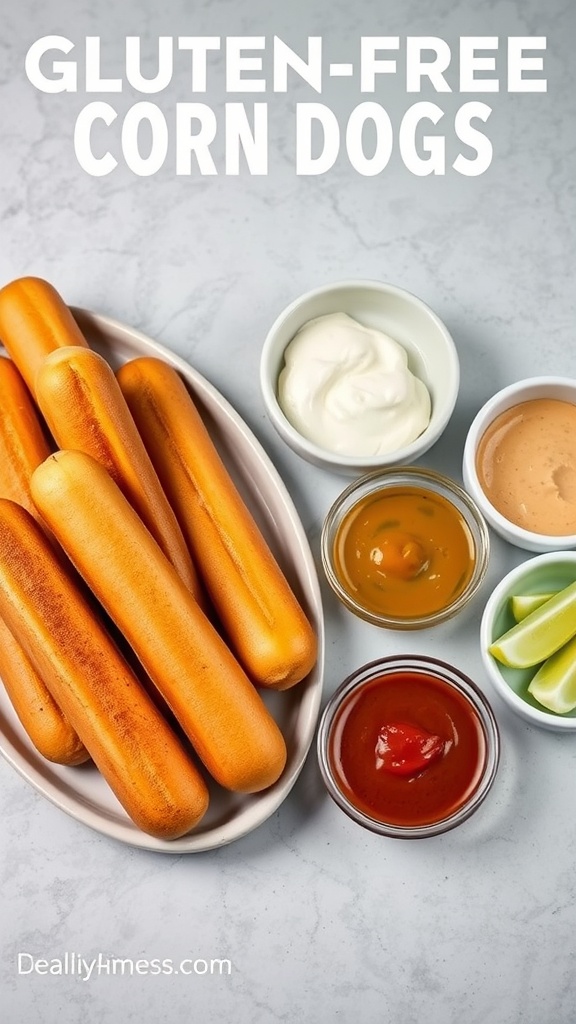 Gluten-free corn dogs with dipping sauces