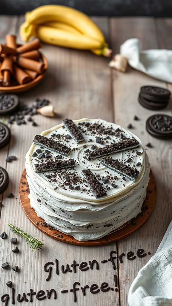 A delicious gluten-free Oreo cake with creamy frosting and Oreo pieces on top.